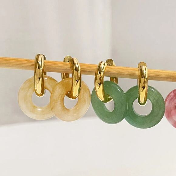 Natural Stone Hoop Earrings 18K Gold Plated Stainless Steel - Picture 6 of 6